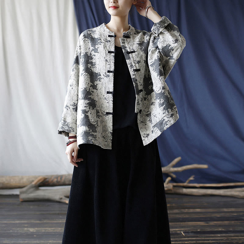 Camisa de chaqueta de lino de algodón de manga larga con diseño de botones de rana y estampado de Buddha Stones con bolsillos - image 37