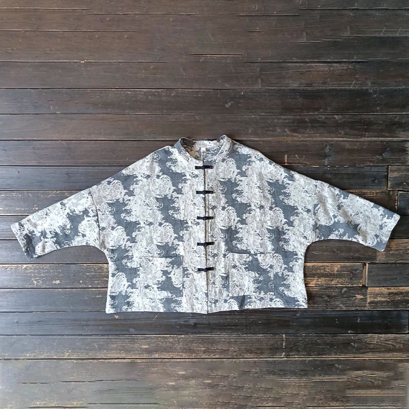 Camisa de chaqueta de lino de algodón de manga larga con diseño de botones de rana y estampado de Buddha Stones con bolsillos - image 15