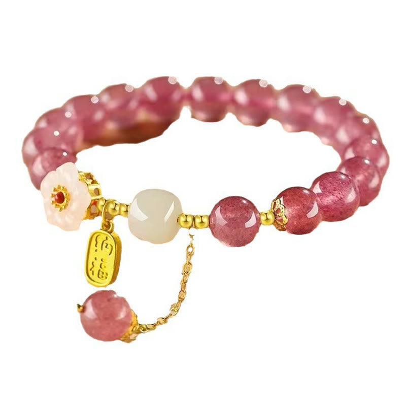 Pulsera curativa de cristal rosa con carácter Fu de cuarzo fresa y Buddha Stones