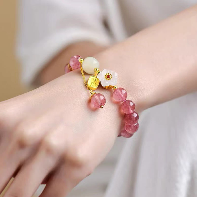 Pulsera curativa de cristal rosa con carácter Fu de cuarzo fresa y Buddha Stones