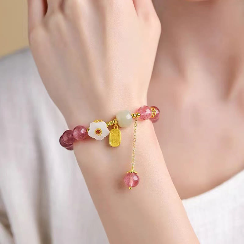 Pulsera curativa de cristal rosa con carácter Fu de cuarzo fresa y Buddha Stones