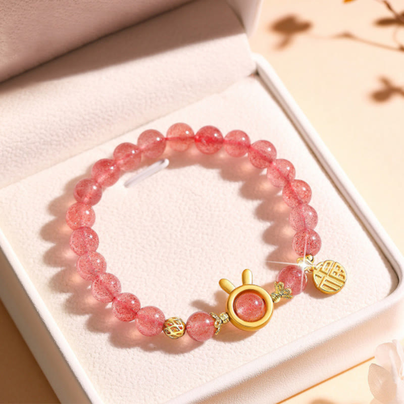 Pulsera curativa de cristal rosa con carácter Fu de cuarzo fresa y Buddha Stones