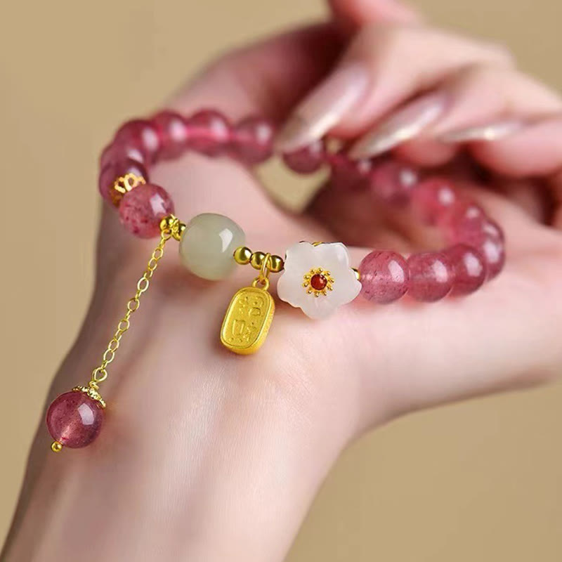 Pulsera curativa de cristal rosa con carácter Fu de cuarzo fresa y Buddha Stones - image 1