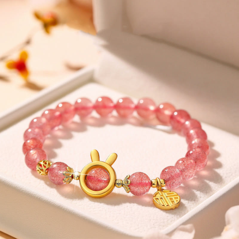 Pulsera curativa de cristal rosa con carácter Fu de cuarzo fresa y Buddha Stones