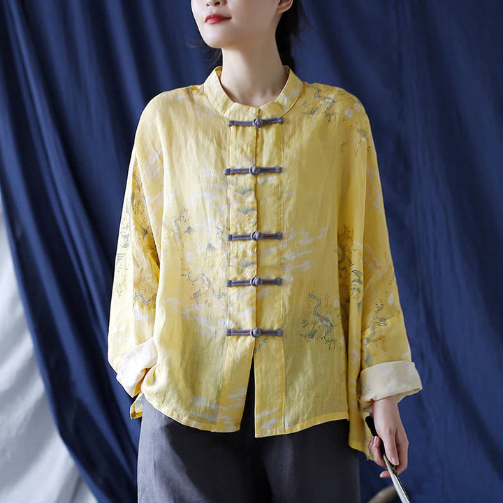 Camisa tipo chaqueta de lino de ramio de manga larga con diseño de botones de rana y estampado de fénix amarillo con Buddha Stones - image 5