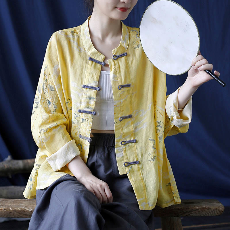 Camisa tipo chaqueta de lino de ramio de manga larga con diseño de botones de rana y estampado de fénix amarillo con Buddha Stones - image 9