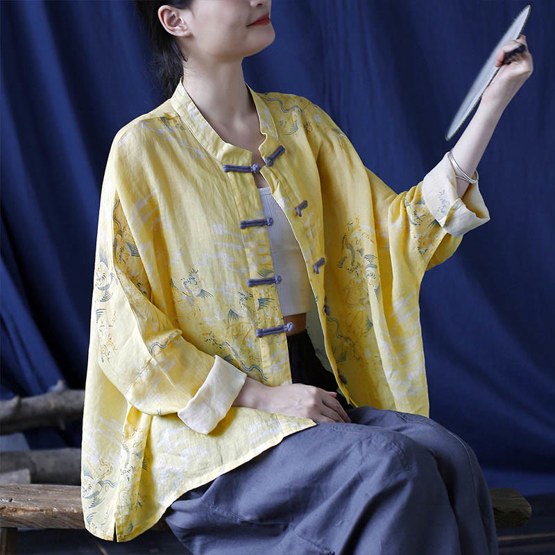 Camisa tipo chaqueta de lino de ramio de manga larga con diseño de botones de rana y estampado de fénix amarillo con Buddha Stones - image 8