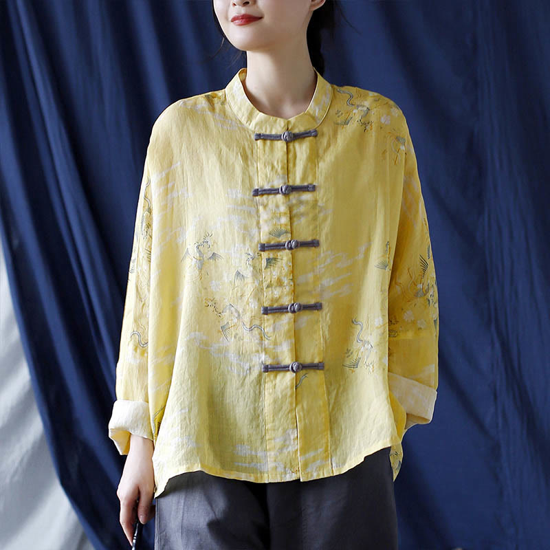 Camisa tipo chaqueta de lino de ramio de manga larga con diseño de botones de rana y estampado de fénix amarillo con Buddha Stones - image 16