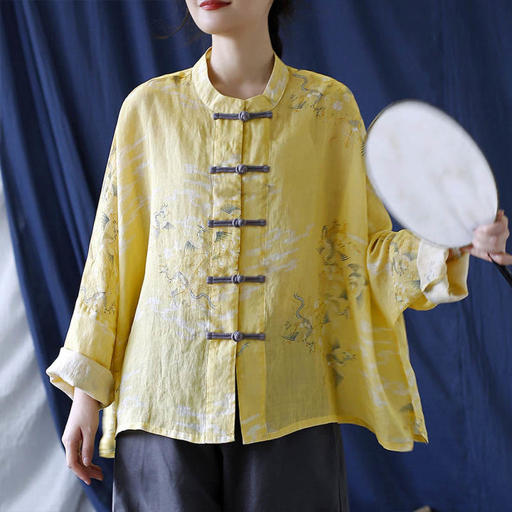 Camisa tipo chaqueta de lino de ramio de manga larga con diseño de botones de rana y estampado de fénix amarillo con Buddha Stones - image 12