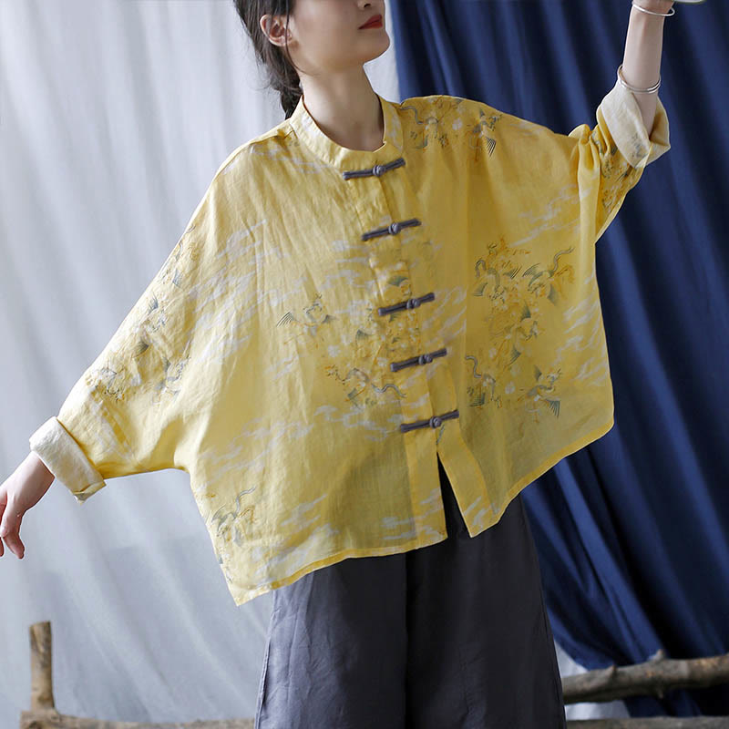 Camisa tipo chaqueta de lino de ramio de manga larga con diseño de botones de rana y estampado de fénix amarillo con Buddha Stones - image 10