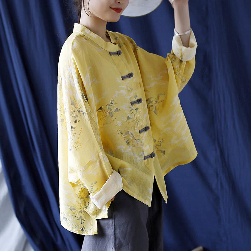 Camisa tipo chaqueta de lino de ramio de manga larga con diseño de botones de rana y estampado de fénix amarillo con Buddha Stones - image 3