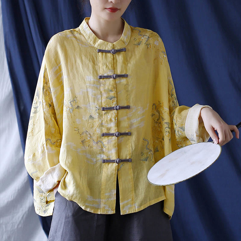 Camisa tipo chaqueta de lino de ramio de manga larga con diseño de botones de rana y estampado de fénix amarillo con Buddha Stones - image 1