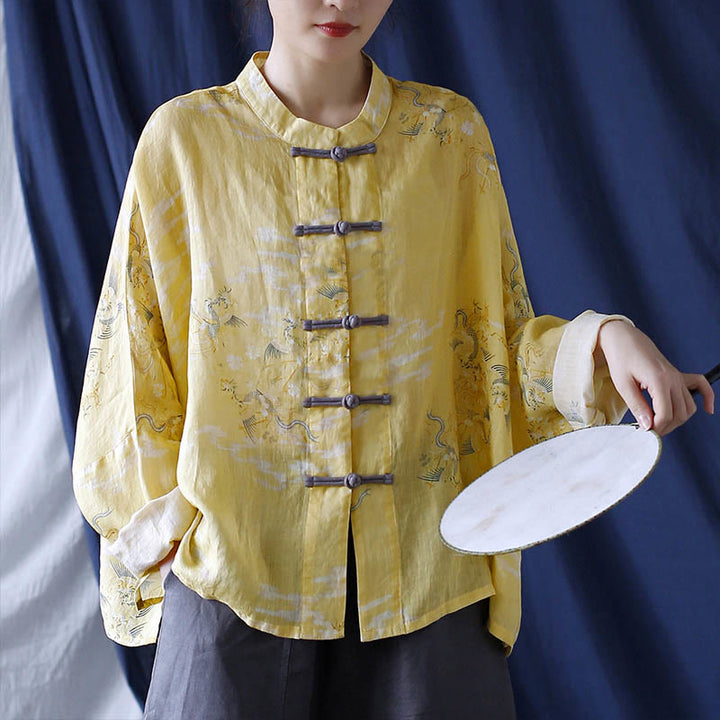 Camisa tipo chaqueta de lino de ramio de manga larga con diseño de botones de rana y estampado de fénix amarillo con Buddha Stones - image 1