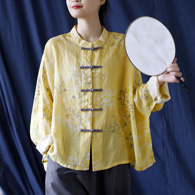 Camisa tipo chaqueta de lino de ramio de manga larga con diseño de botones de rana y estampado de fénix amarillo con Buddha Stones - image 13