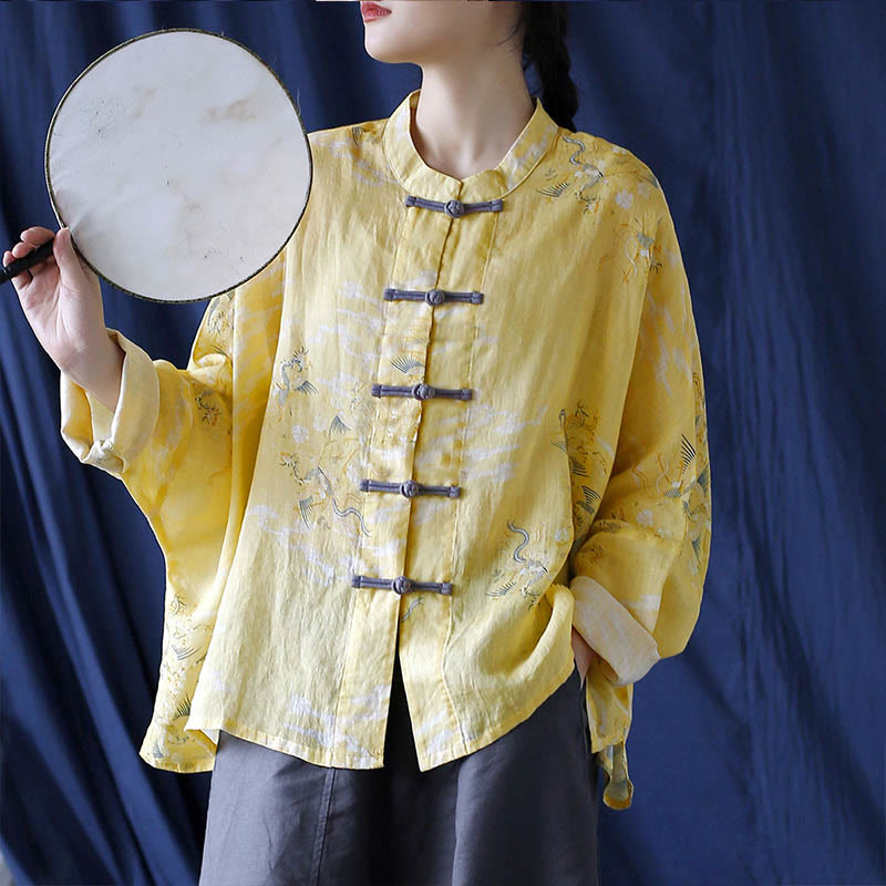 Camisa tipo chaqueta de lino de ramio de manga larga con diseño de botones de rana y estampado de fénix amarillo con Buddha Stones - Chaqueta corta amarilla Phoenix (tallas US4-14, UK/AU8-18, EU36-46) (solo chaqueta) - image 0