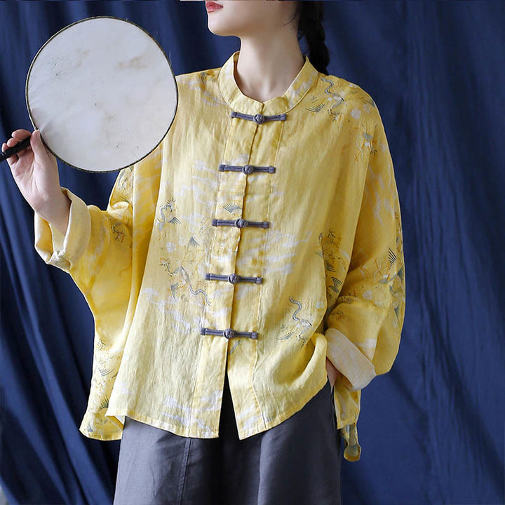 Camisa tipo chaqueta de lino de ramio de manga larga con diseño de botones de rana y estampado de fénix amarillo con Buddha Stones - Chaqueta corta amarilla Phoenix (tallas US4-14, UK/AU8-18, EU36-46) (solo chaqueta) - image 0
