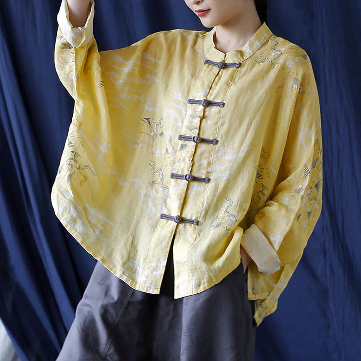 Camisa tipo chaqueta de lino de ramio de manga larga con diseño de botones de rana y estampado de fénix amarillo con Buddha Stones - image 17