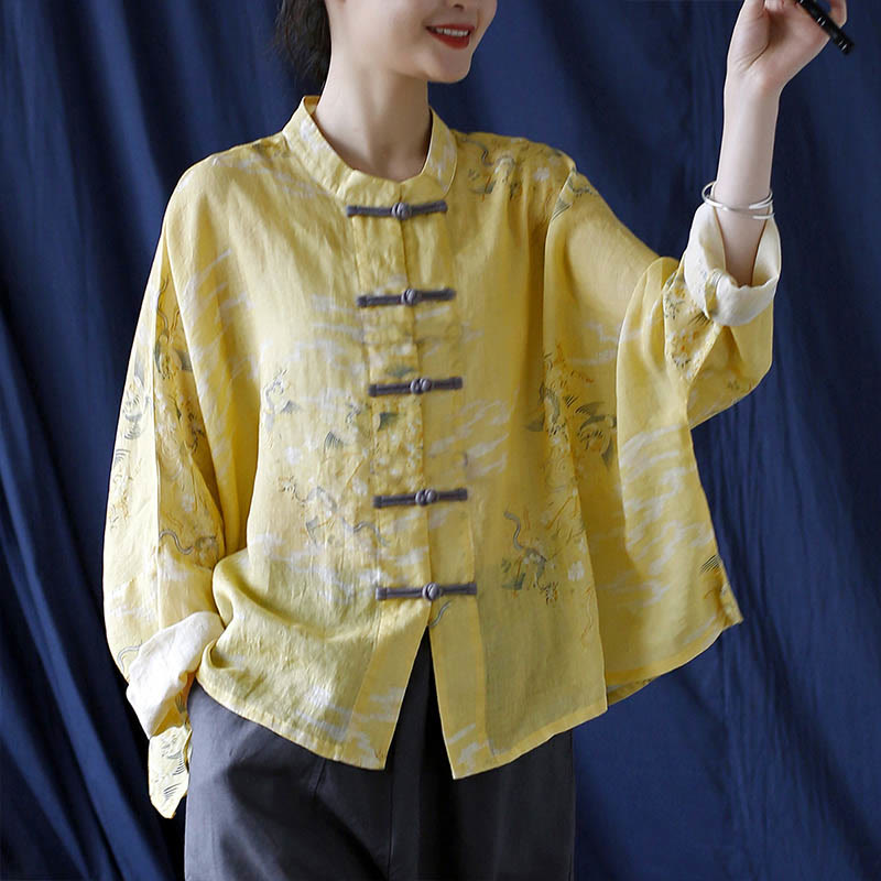 Camisa tipo chaqueta de lino de ramio de manga larga con diseño de botones de rana y estampado de fénix amarillo con Buddha Stones - image 15