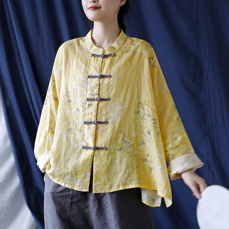 Camisa tipo chaqueta de lino de ramio de manga larga con diseño de botones de rana y estampado de fénix amarillo con Buddha Stones - image 18