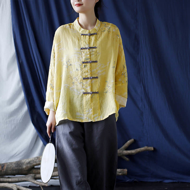 Camisa tipo chaqueta de lino de ramio de manga larga con diseño de botones de rana y estampado de fénix amarillo con Buddha Stones - image 19