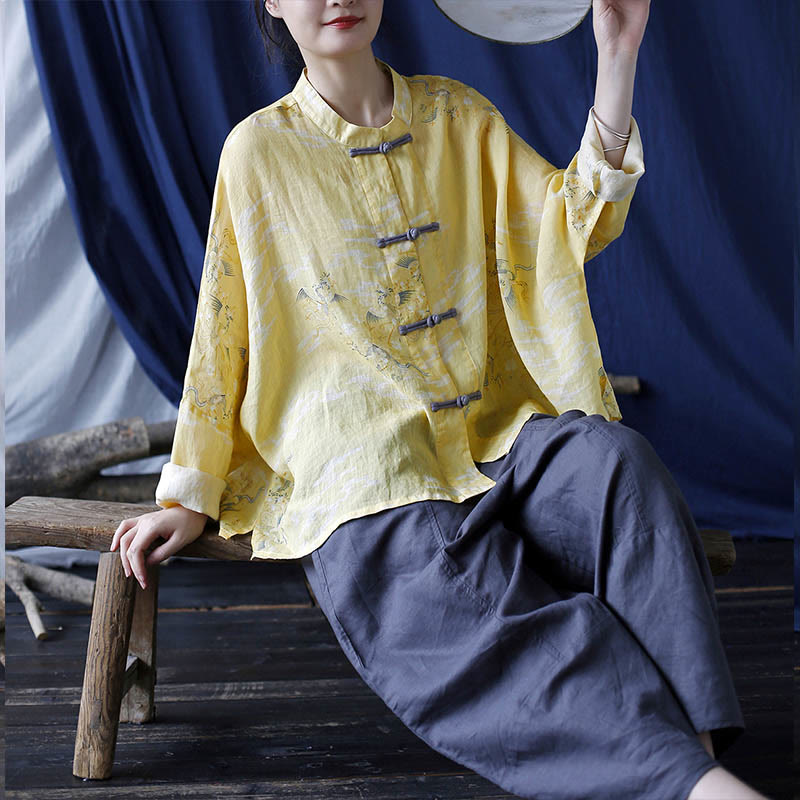 Camisa tipo chaqueta de lino de ramio de manga larga con diseño de botones de rana y estampado de fénix amarillo con Buddha Stones - image 22