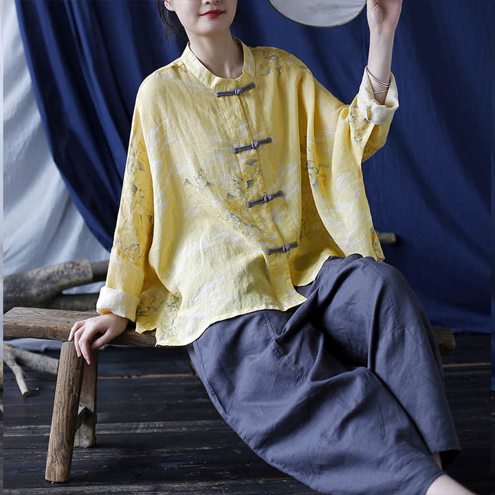 Camisa tipo chaqueta de lino de ramio de manga larga con diseño de botones de rana y estampado de fénix amarillo con Buddha Stones - image 22