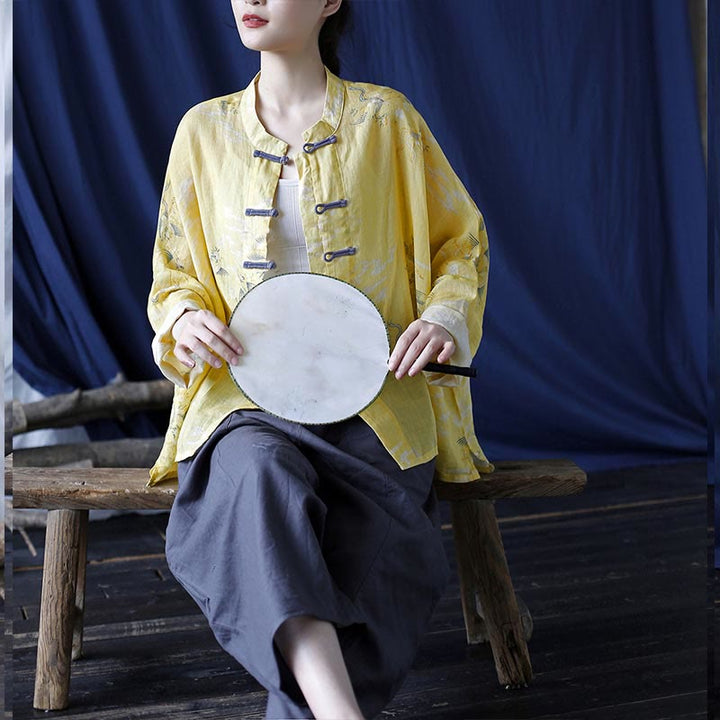 Camisa tipo chaqueta de lino de ramio de manga larga con diseño de botones de rana y estampado de fénix amarillo con Buddha Stones - image 21