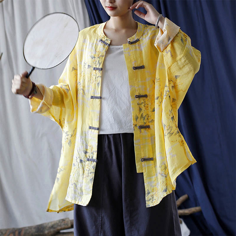 Camisa tipo chaqueta de lino de ramio de manga larga con diseño de botones de rana y estampado de fénix amarillo con Buddha Stones - Chaqueta larga amarilla Phoenix (tallas US4-14, UK/AU8-18, EU36-46) (solo chaqueta) - image 24
