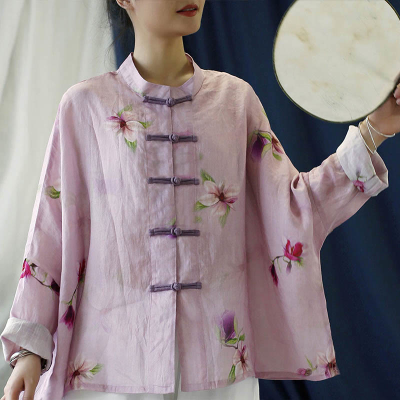 Camisa tipo chaqueta de lino de ramio de manga larga con diseño de botones de rana y estampado de flores rosas con Buddha Stones - image 8
