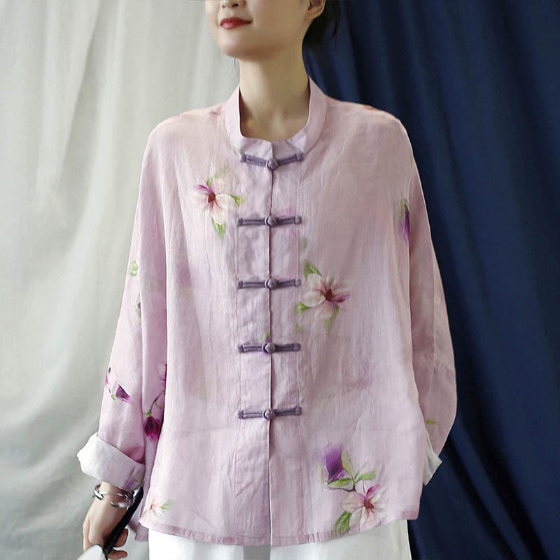 Camisa tipo chaqueta de lino de ramio de manga larga con diseño de botones de rana y estampado de flores rosas con Buddha Stones - image 7