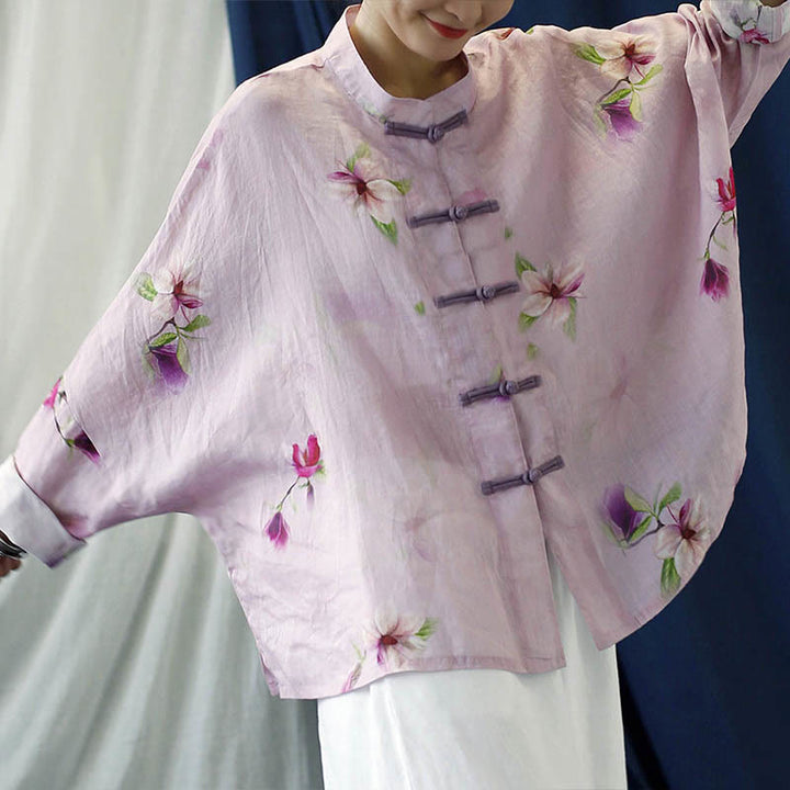 Camisa tipo chaqueta de lino de ramio de manga larga con diseño de botones de rana y estampado de flores rosas con Buddha Stones - image 9