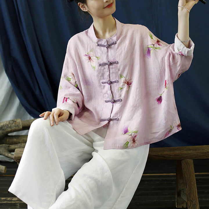 Camisa tipo chaqueta de lino de ramio de manga larga con diseño de botones de rana y estampado de flores rosas con Buddha Stones - image 15