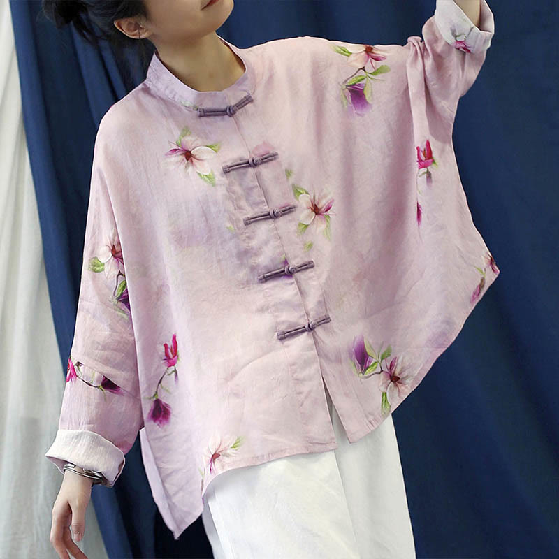 Camisa tipo chaqueta de lino de ramio de manga larga con diseño de botones de rana y estampado de flores rosas con Buddha Stones - image 4