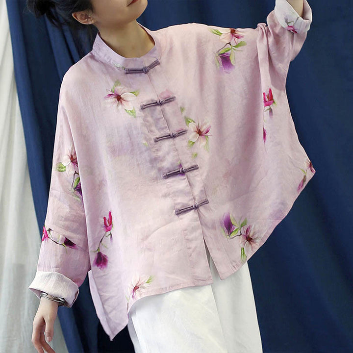 Camisa tipo chaqueta de lino de ramio de manga larga con diseño de botones de rana y estampado de flores rosas con Buddha Stones - image 4