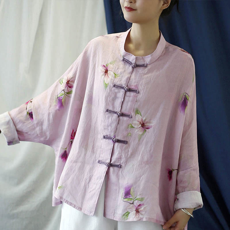 Camisa tipo chaqueta de lino de ramio de manga larga con diseño de botones de rana y estampado de flores rosas con Buddha Stones - image 1