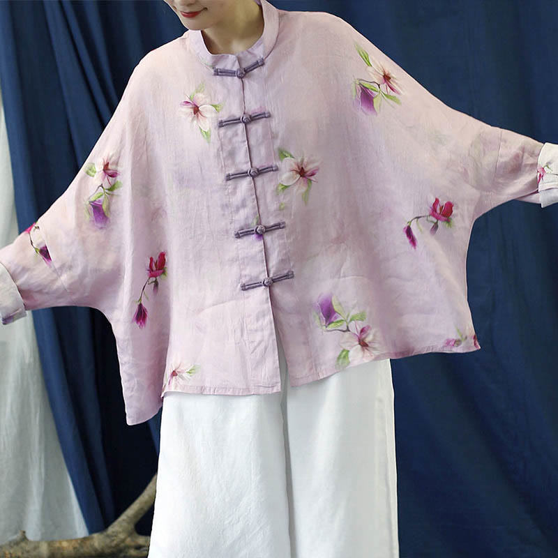 Camisa tipo chaqueta de lino de ramio de manga larga con diseño de botones de rana y estampado de flores rosas con Buddha Stones - image 6