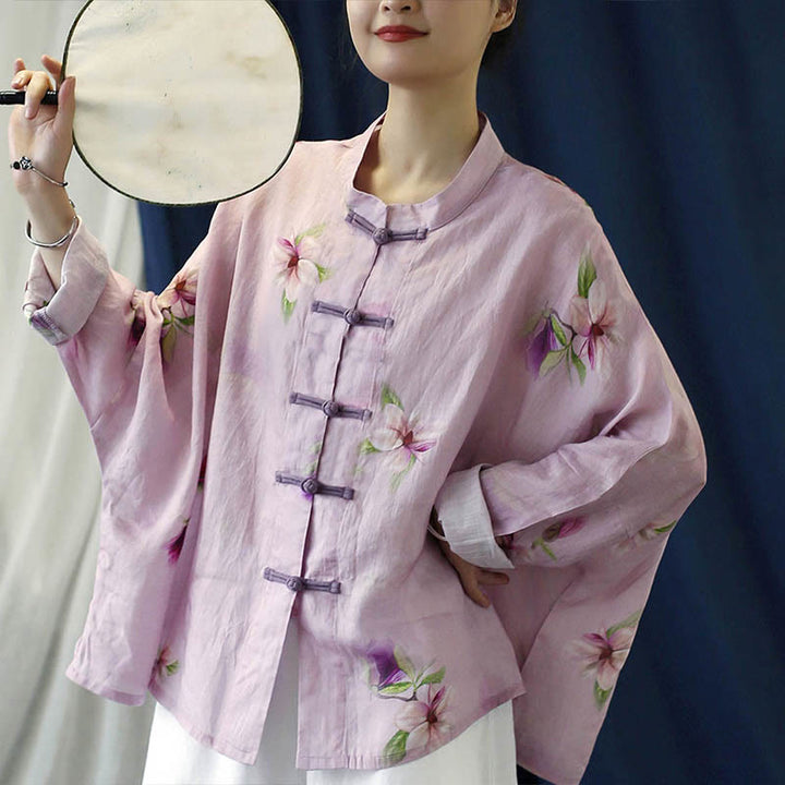 Camisa tipo chaqueta de lino de ramio de manga larga con diseño de botones de rana y estampado de flores rosas con Buddha Stones - image 3