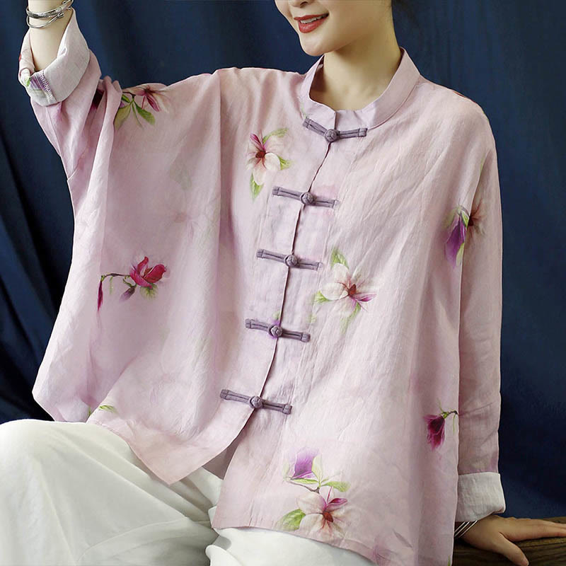 Camisa tipo chaqueta de lino de ramio de manga larga con diseño de botones de rana y estampado de flores rosas con Buddha Stones - Estilo corto con flores rosas (tallas US4-14, UK/AU8-18, EU36-46) (solo chaqueta) - image 0