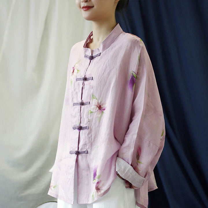 Camisa tipo chaqueta de lino de ramio de manga larga con diseño de botones de rana y estampado de flores rosas con Buddha Stones - image 2
