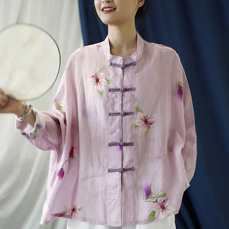 Camisa tipo chaqueta de lino de ramio de manga larga con diseño de botones de rana y estampado de flores rosas con Buddha Stones - image 10