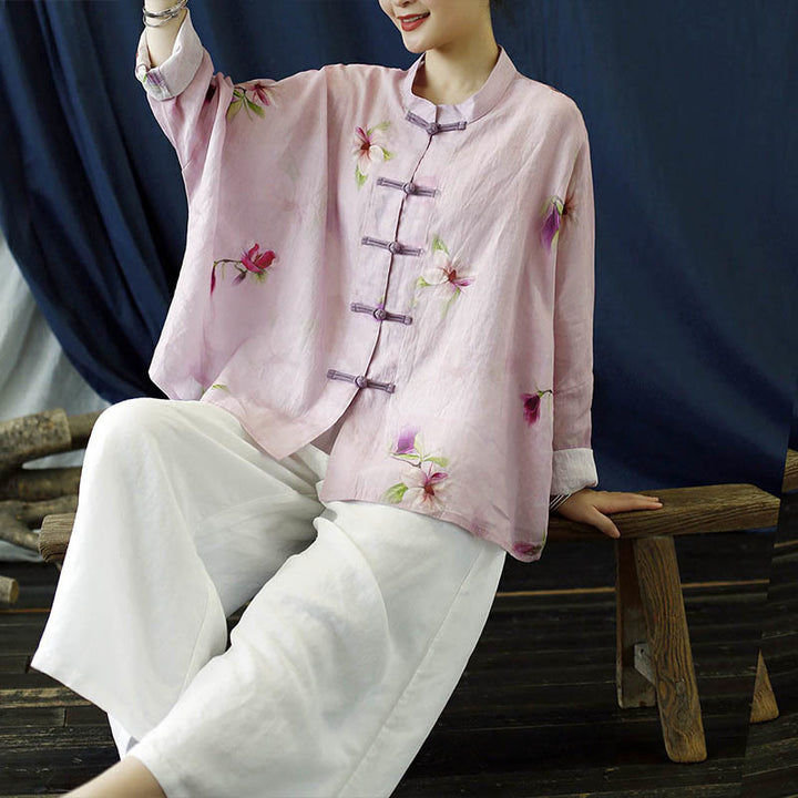 Camisa tipo chaqueta de lino de ramio de manga larga con diseño de botones de rana y estampado de flores rosas con Buddha Stones - image 16
