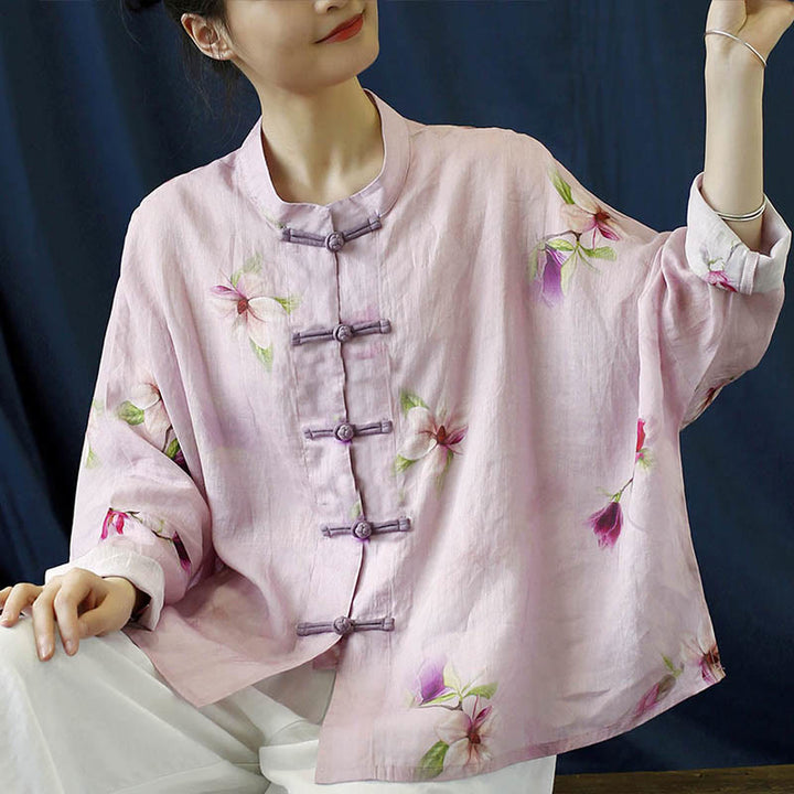 Camisa tipo chaqueta de lino de ramio de manga larga con diseño de botones de rana y estampado de flores rosas con Buddha Stones - image 11