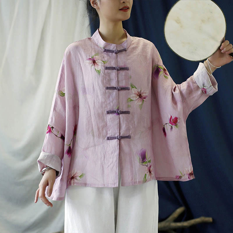 Camisa tipo chaqueta de lino de ramio de manga larga con diseño de botones de rana y estampado de flores rosas con Buddha Stones - image 13