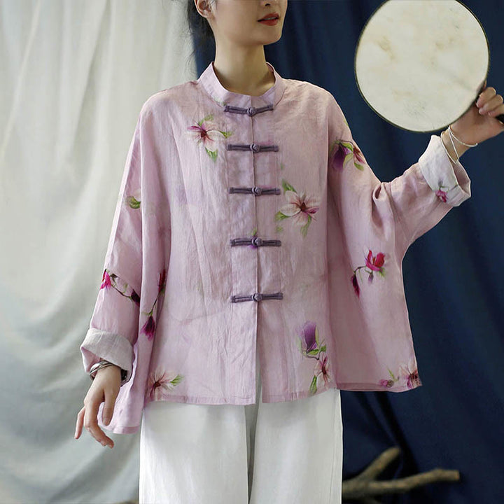 Camisa tipo chaqueta de lino de ramio de manga larga con diseño de botones de rana y estampado de flores rosas con Buddha Stones - image 13