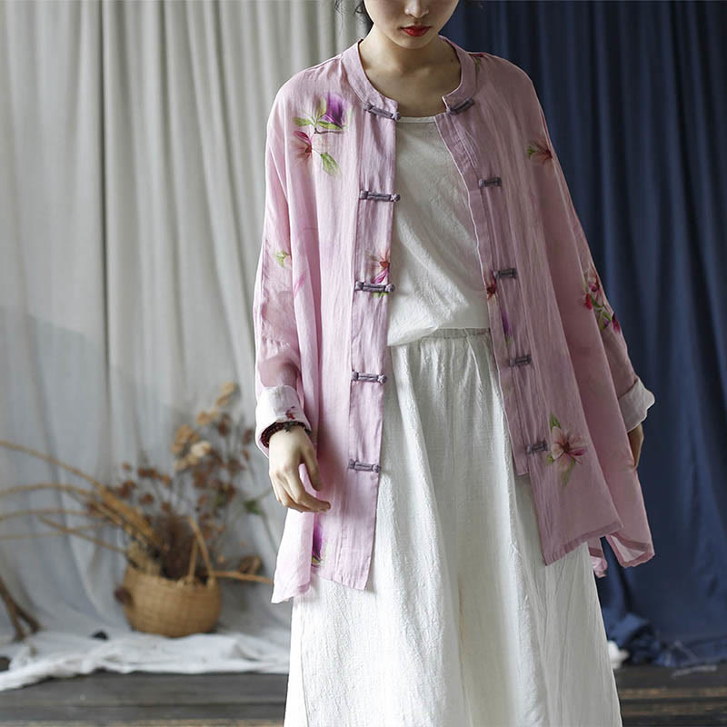 Camisa tipo chaqueta de lino de ramio de manga larga con diseño de botones de rana y estampado de flores rosas con Buddha Stones - Estilo largo con flores rosas (apto para US4-14; UK/AU8-18; EU36-46) (solo chaqueta) - image 17