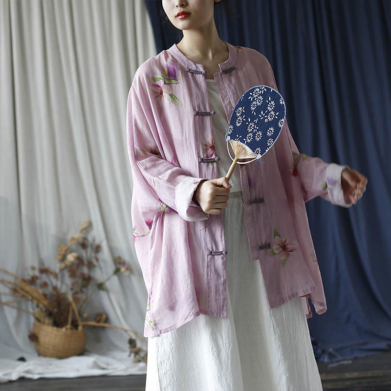 Camisa tipo chaqueta de lino de ramio de manga larga con diseño de botones de rana y estampado de flores rosas con Buddha Stones - image 25