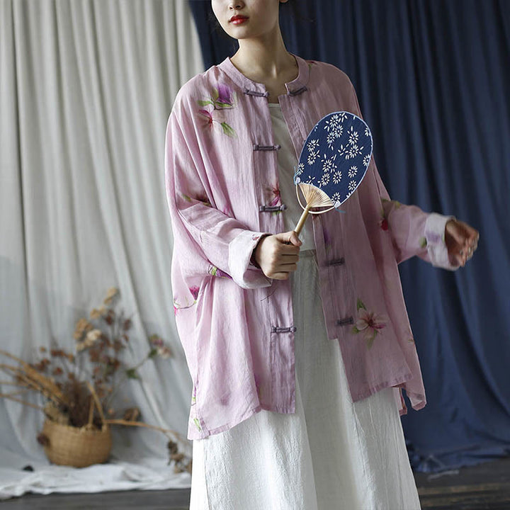 Camisa tipo chaqueta de lino de ramio de manga larga con diseño de botones de rana y estampado de flores rosas con Buddha Stones - image 25