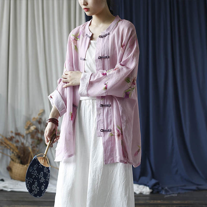 Camisa tipo chaqueta de lino de ramio de manga larga con diseño de botones de rana y estampado de flores rosas con Buddha Stones - image 24