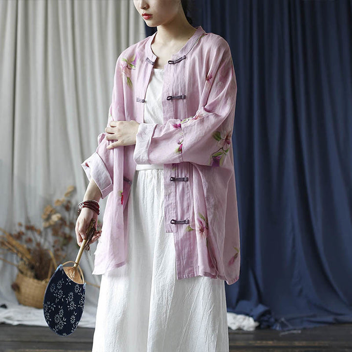 Camisa tipo chaqueta de lino de ramio de manga larga con diseño de botones de rana y estampado de flores rosas con Buddha Stones - image 24