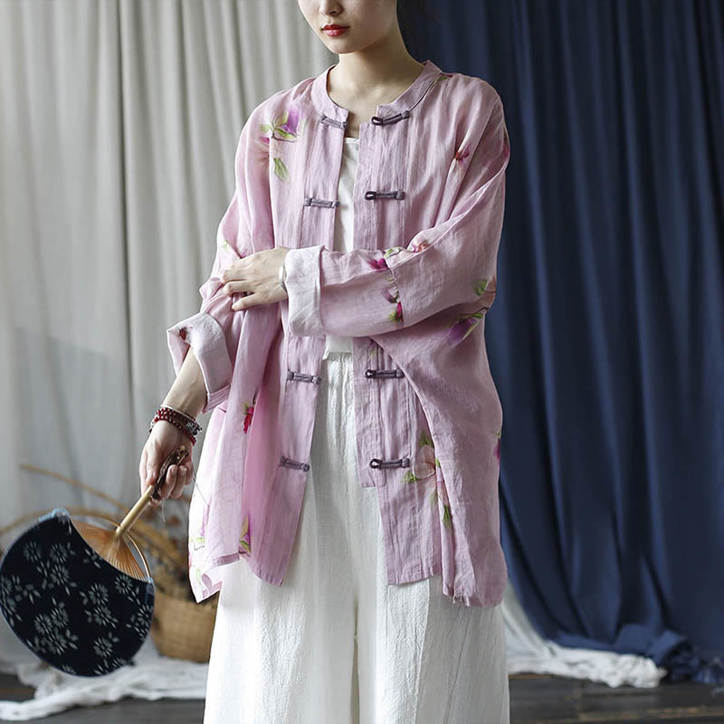 Camisa tipo chaqueta de lino de ramio de manga larga con diseño de botones de rana y estampado de flores rosas con Buddha Stones - image 26